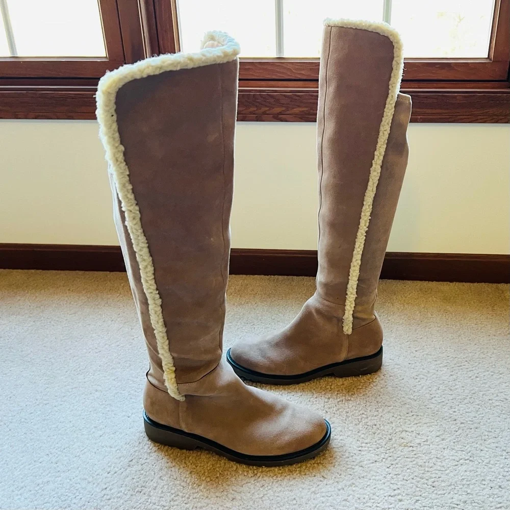 Sole Society “Juno” Over the Knee Boot Suede w Faux Shearling Trim - Taupe